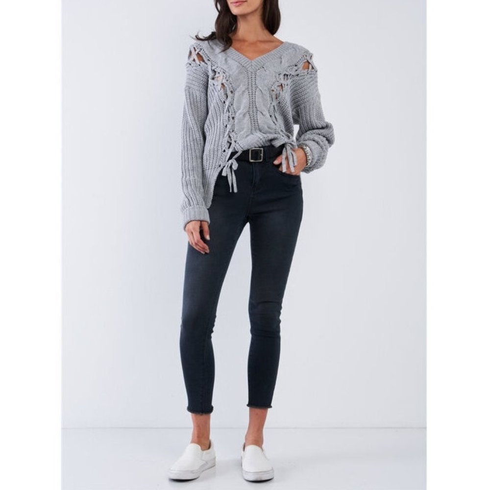 Boho Gray Lace Up Front Cable Knit Sweater Tunic - Picture 3 of 5